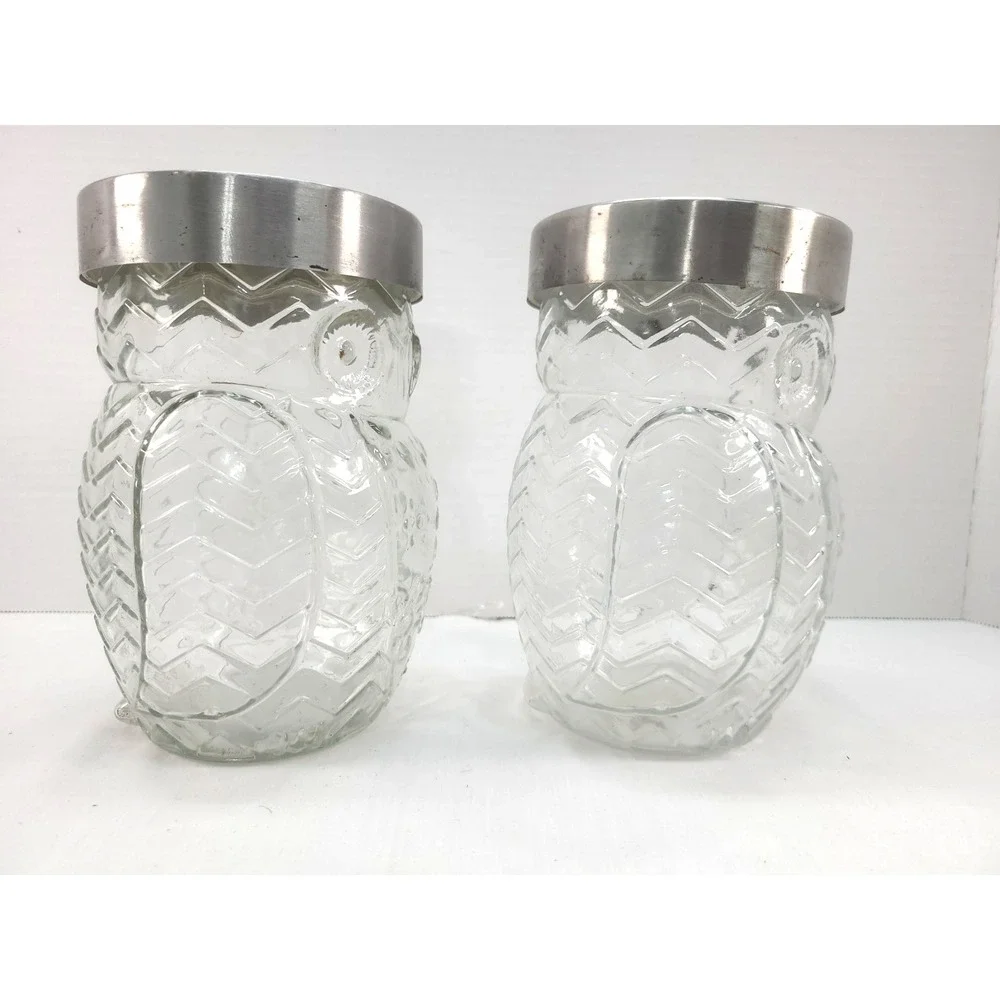 2 Circleware Owl Clear Glass Canister Silver Metal Lid 42oz Embossed